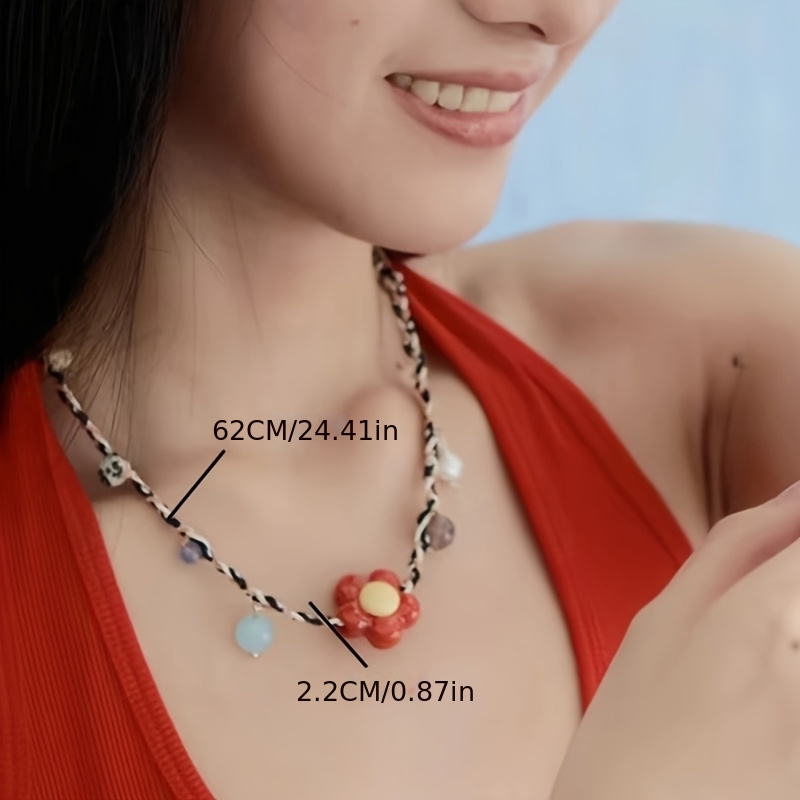 Women's Hand-Woven Beaded Necklace, 3 Beads Choker Cord Pendant